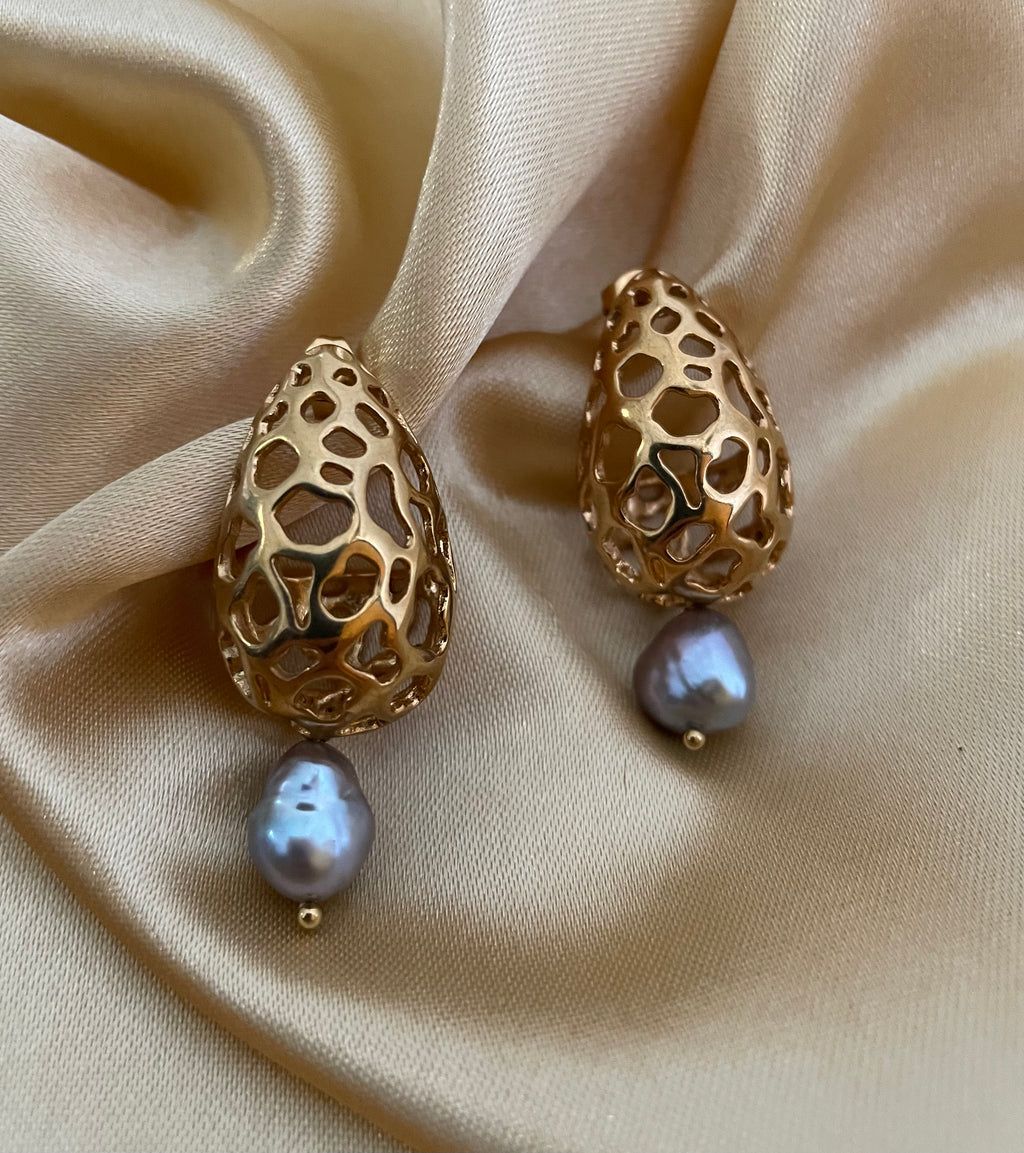 handcrafted gold filigree statement earrings with organic-shaped grey pearls