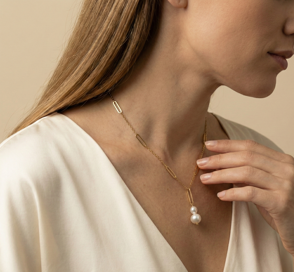 Elegant gold lariat style necklace with genuine freshwater baroque pearls. Minimalist bridal jewelry on a female model, highlighting high-luster pearl drop and modern gold link chain design