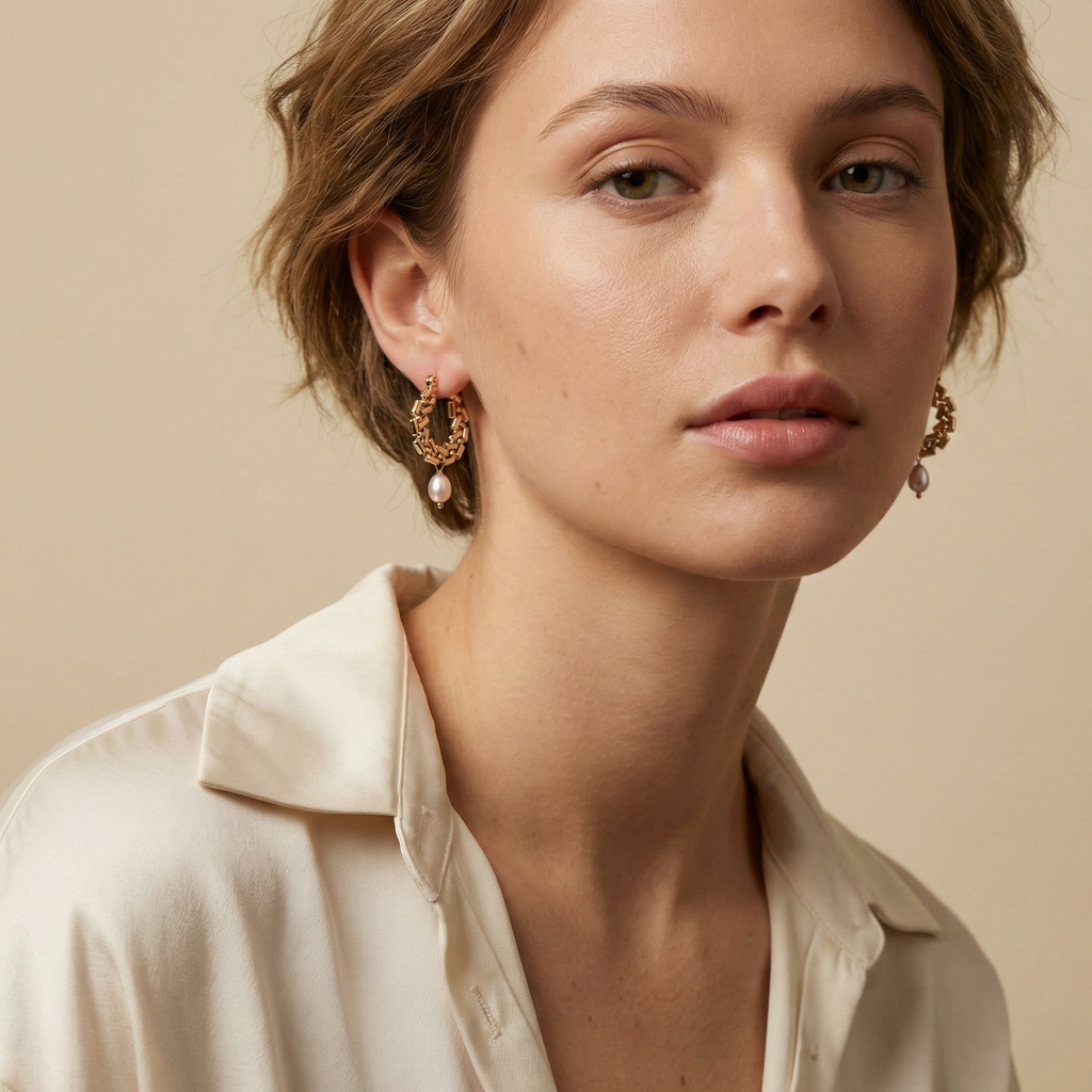 Gold drop earrings featuring a sleek 2.5cm structured gold bar suspended with a lustrous 6mm oval champagne freshwater pearl. Minimalist 18k gold plated jewelry design