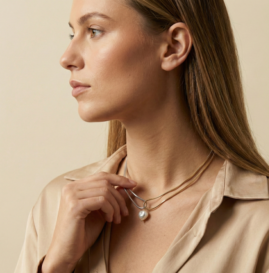 double-strand silver gold snake chain necklace featuring a single lustrous white baroque pearl pendant