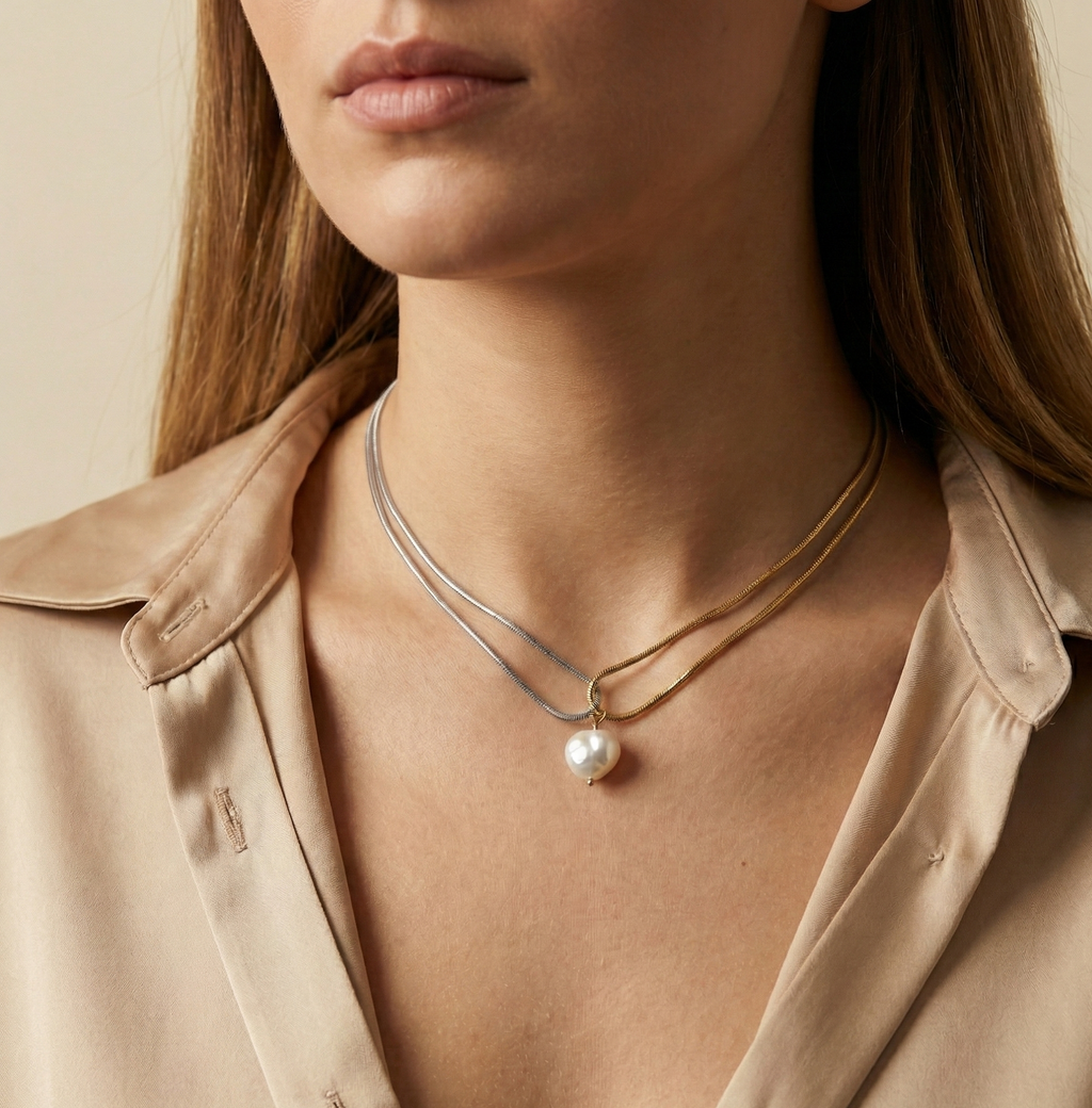 double-strand silver gold snake chain necklace featuring a single lustrous white baroque pearl pendant