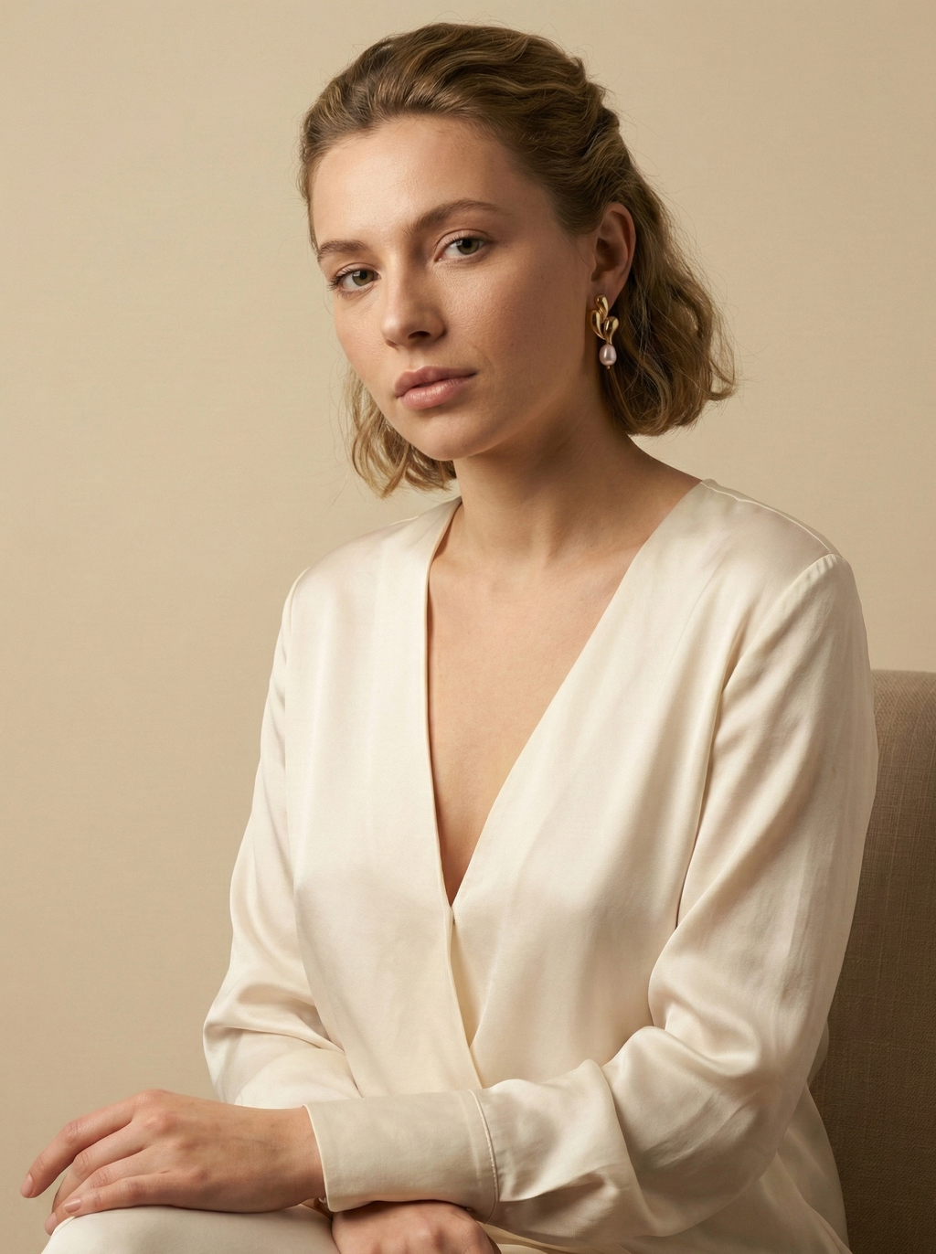 Editorial close-up of a model in a Parisian chic style wearing an ivory silk shirt, posing with her hand gently on her lips in a contemplative look. She is wearing unique, organic-shaped gold earrings featuring lustrous pink oval pearl drops.