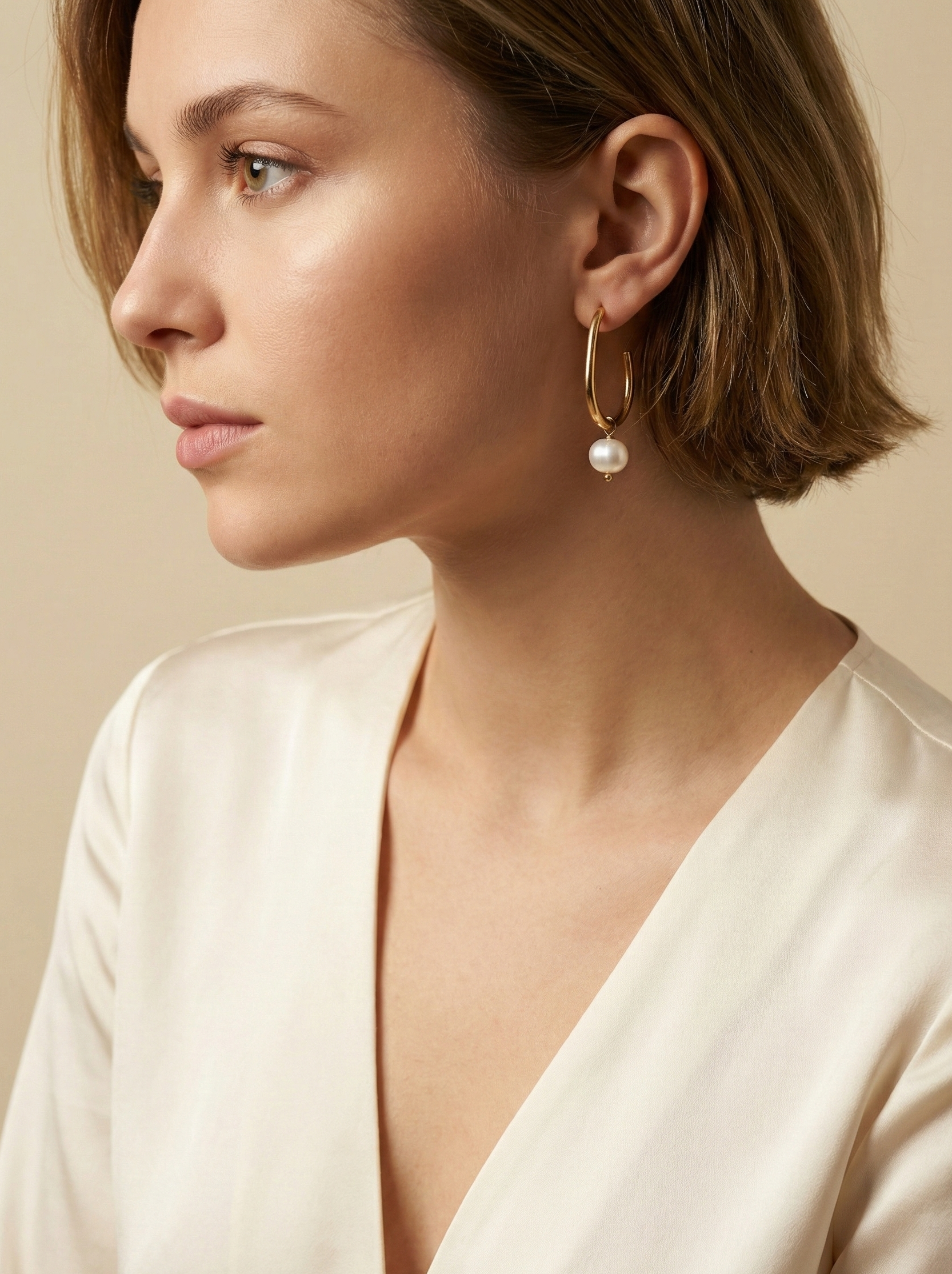 Close-up side profile of a woman's ear wearing a gold hoop earring with a single white pearl drop, highlighting the metallic luster and pearl detail against a soft neutral background