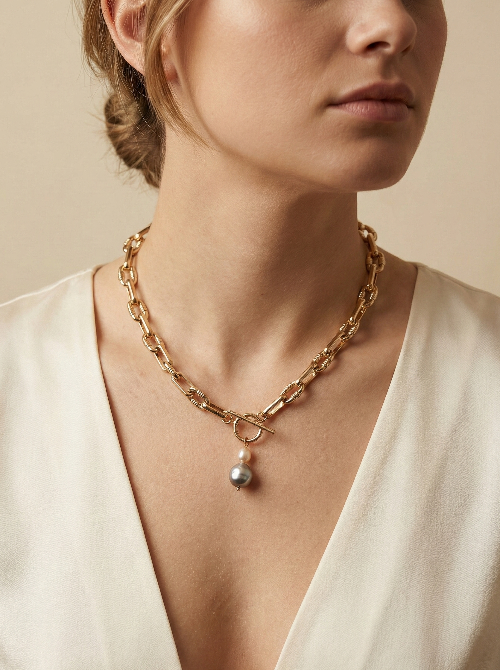 Detail shot of a luxury gold link necklace worn on an ivory silk top. The focal point is a T-bar toggle closure holding a high-shine metallic grey baroque pearl and a champagne oval pearl, showing deep luster and smooth nacre