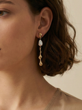 Close-up of a person wearing gold earrings with a white kasha pearl on a neutral background