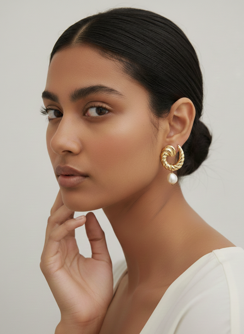 Miranda earrings featuring a textured 2.5cm gold croissant hoop with a dangling 1cm white baroque freshwater pearl. Modern 18k gold plated stainless steel jewelry