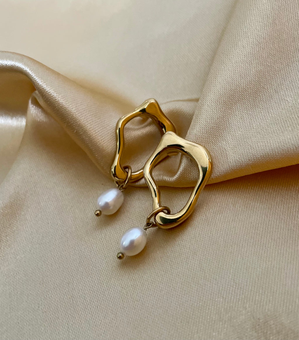 modern molten organic gold and freshwater pearl drop earrings