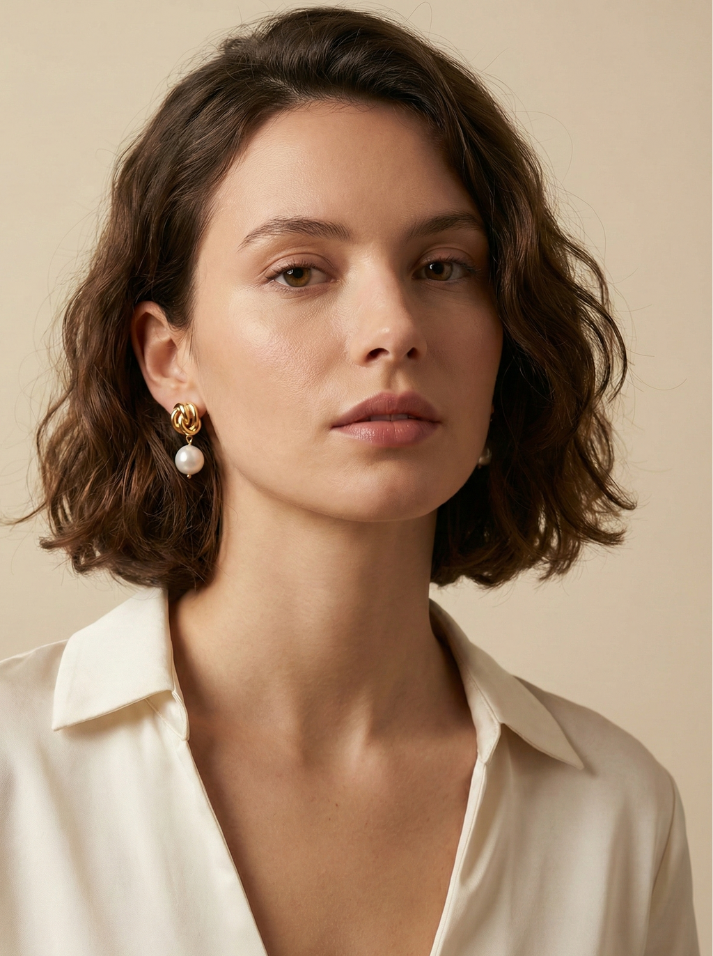Elegant Parisian-chic jewelry styling featuring classic gold and pearl drop earrings worn by a model with a clean, minimalist aesthetic