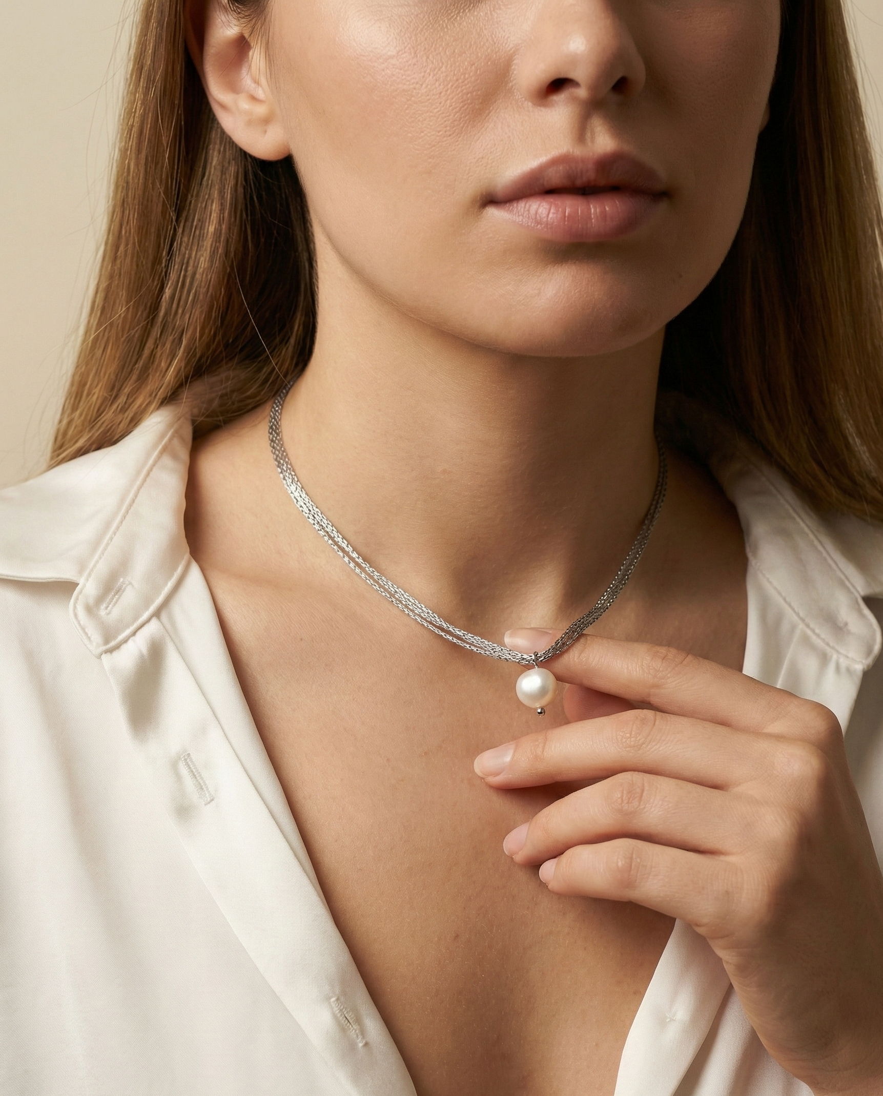 Women's minimalist jewelry: AAA grade baroque white pearl necklace on a delicate multi-strand silver chain