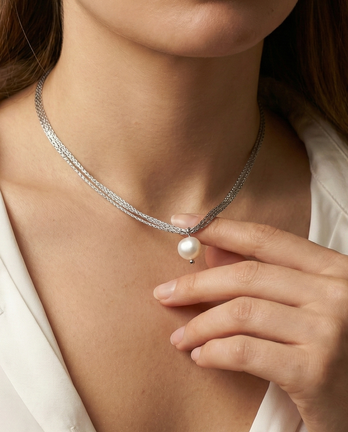 Women's minimalist jewelry: AAA grade baroque white pearl necklace on a delicate multi-strand silver chain