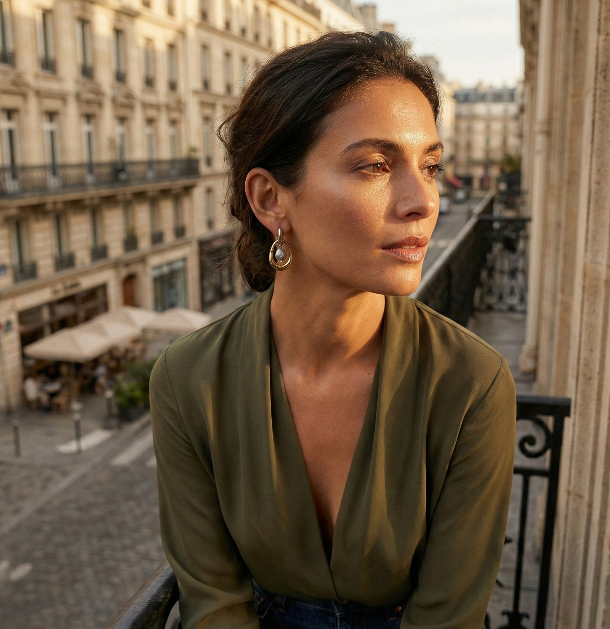 model posing with perli Paris pearl earrings in a Parisian balcony