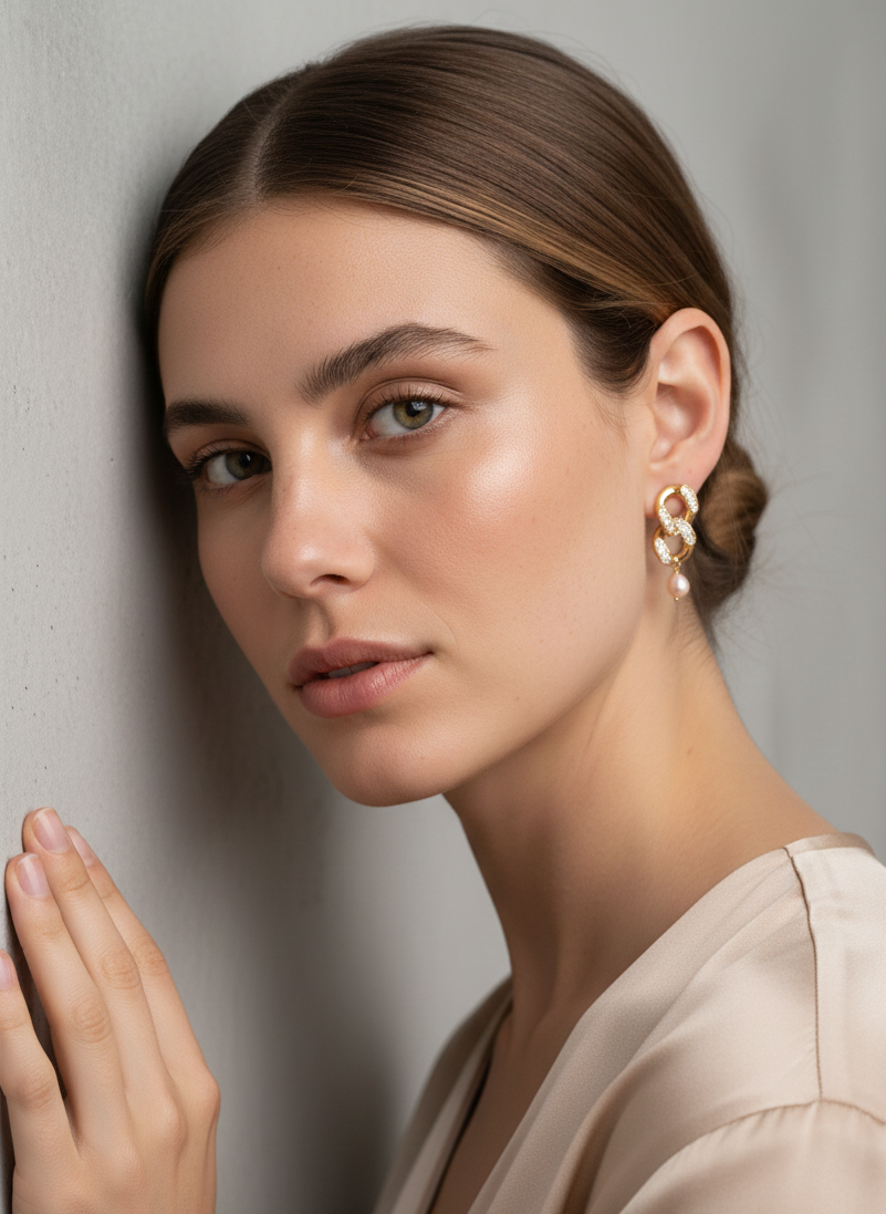 Close-up of a woman wearing gold hoop earrings encrusted with diamonds with pink freshwater pearls