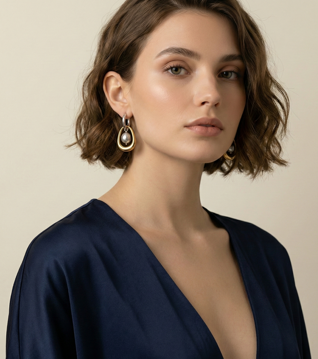 Gold and silver earring with a baroque round grey pearl drop worn by a person.