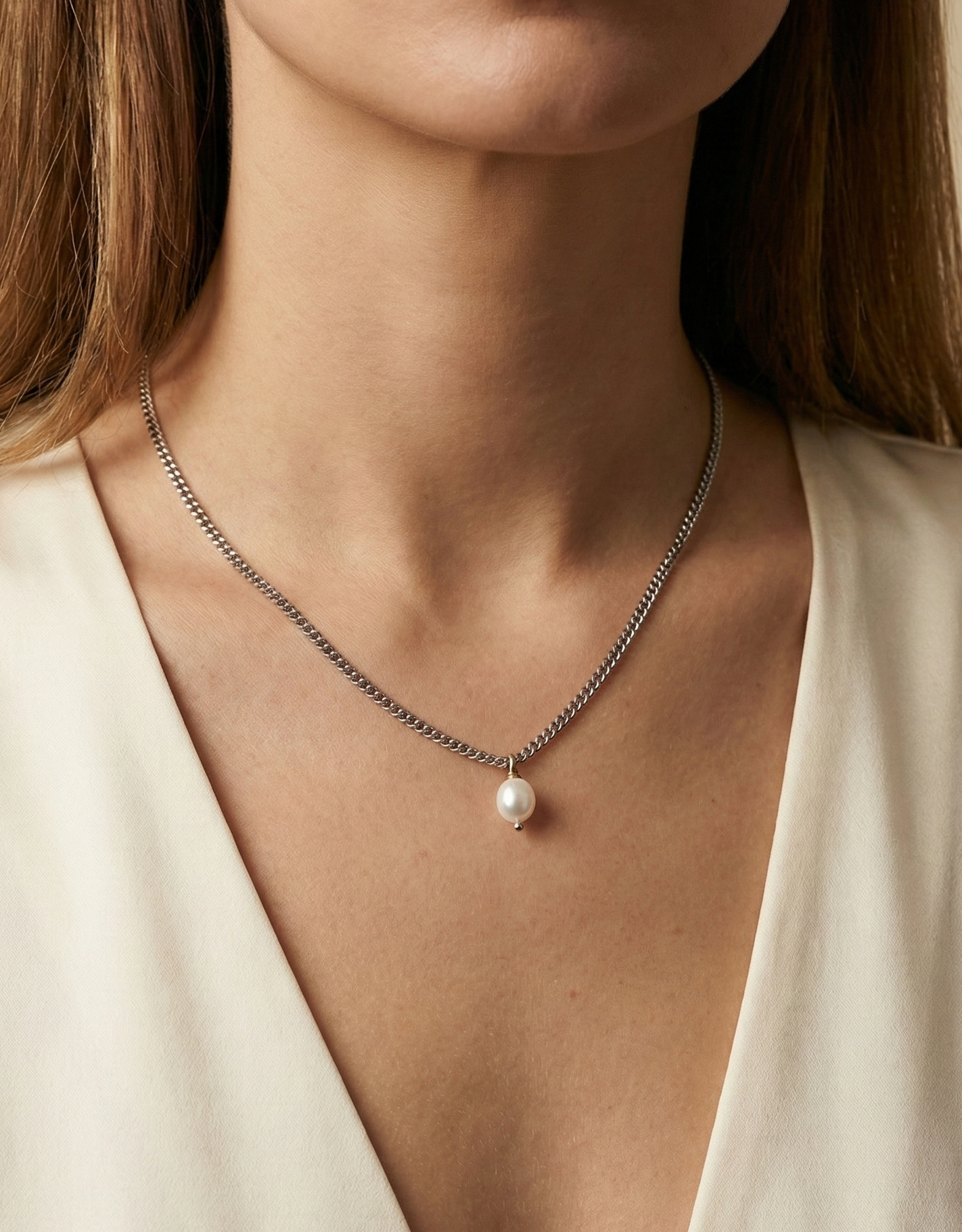 Silver necklace with a pearl pendant worn by a person