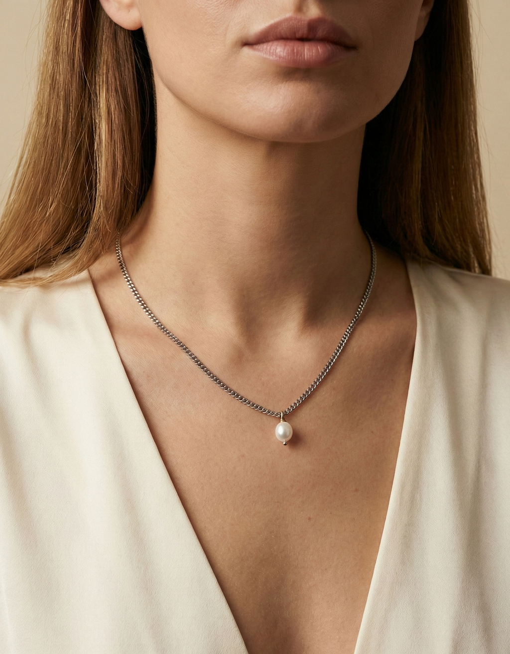 Woman wearing a delicate necklace with a pearl pendant against a neutral background