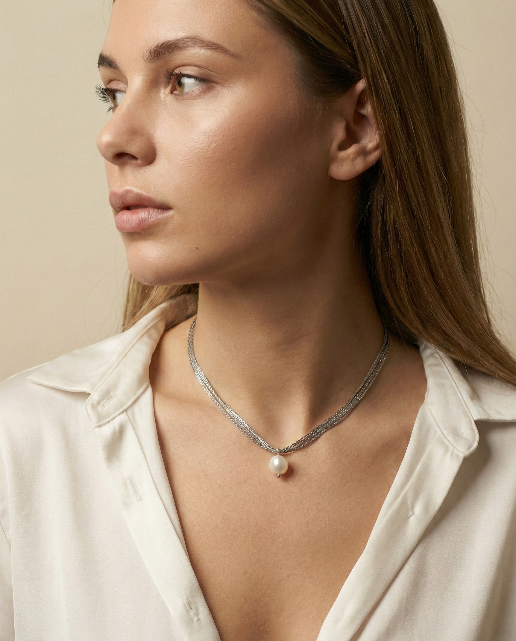 Women's minimalist jewelry: AAA grade baroque white pearl necklace on a delicate multi-strand silver chain